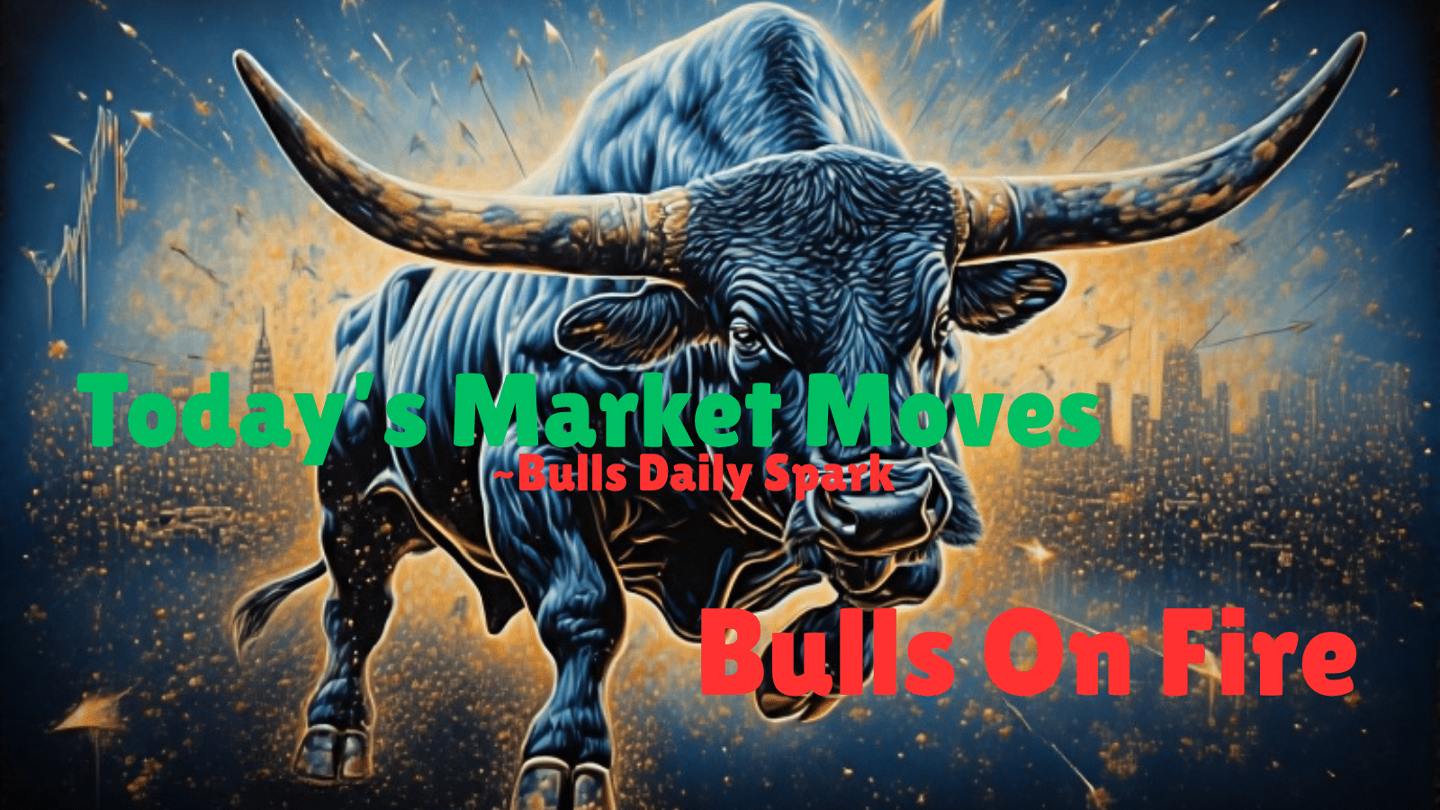 Bull in motion against a backdrop of stock charts and bullish market indicators.