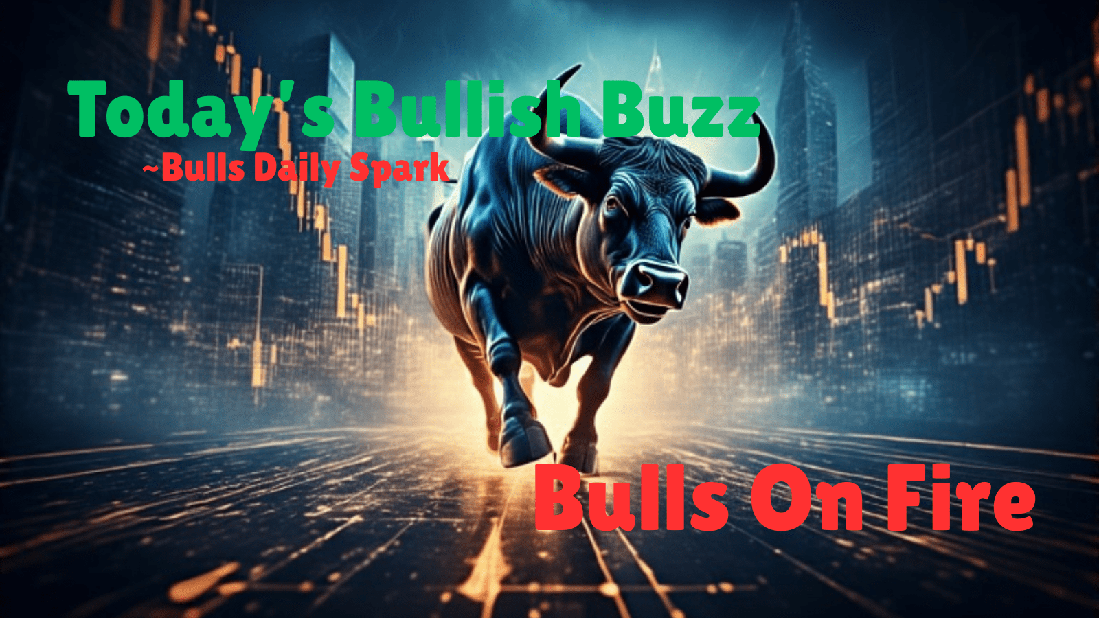 Modern stylized bull with rising stock trends and tech-style financial icons.