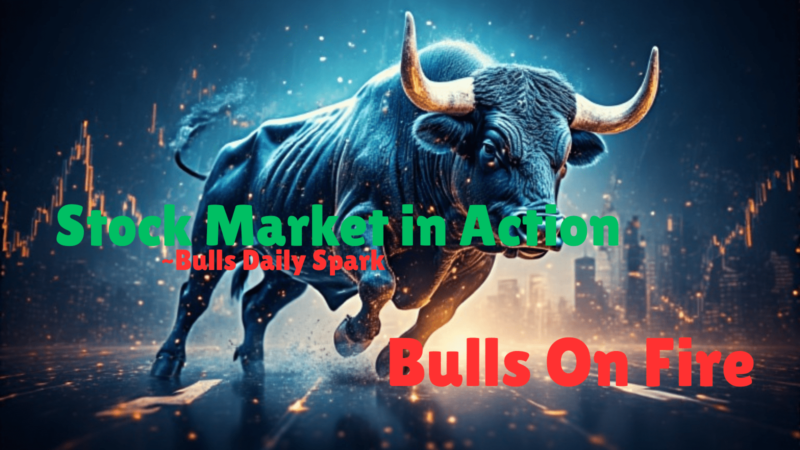 Energetic bull moving across fast-paced financial charts and news indicators.