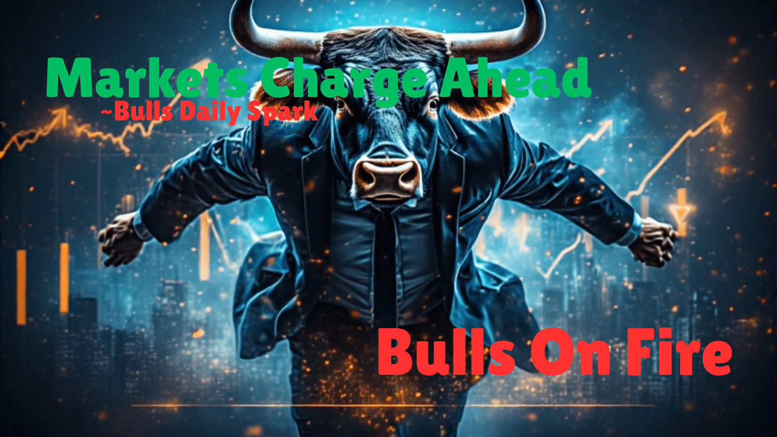 Charging bull symbolizing a rising stock market with upward financial charts in the background.