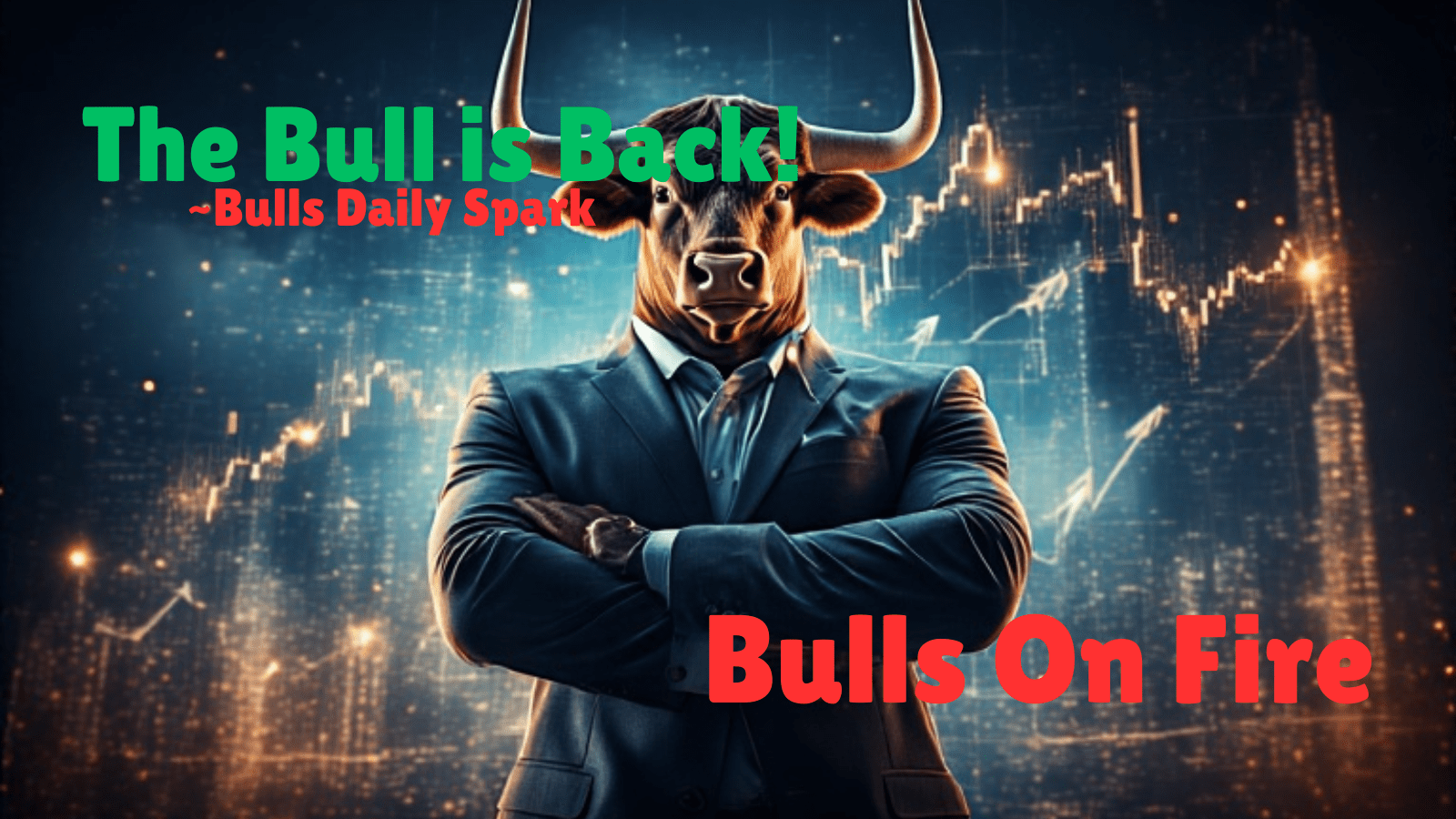 Symbolic bull returning strong in a glowing digital market landscape.