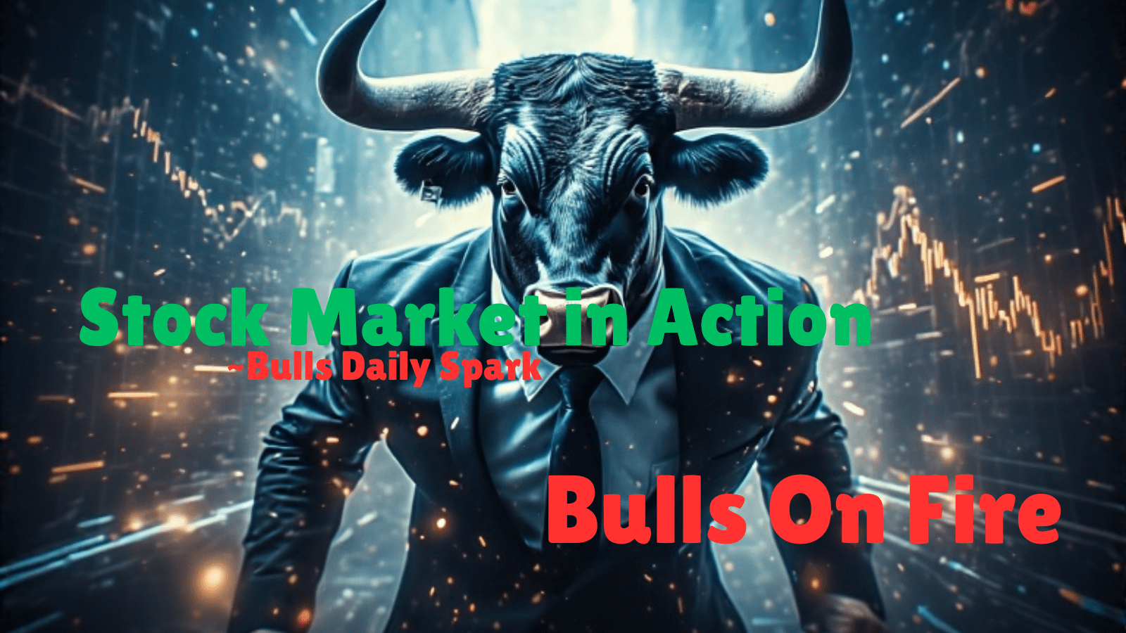 Energetic bull moving across fast-paced financial charts and news indicators.